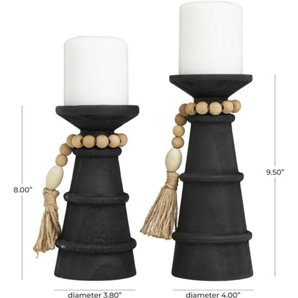 Black Wood Candle Holders Set of 2 Decorative Rustic Beaded Garland Home Decor - Picture 3 of 8
